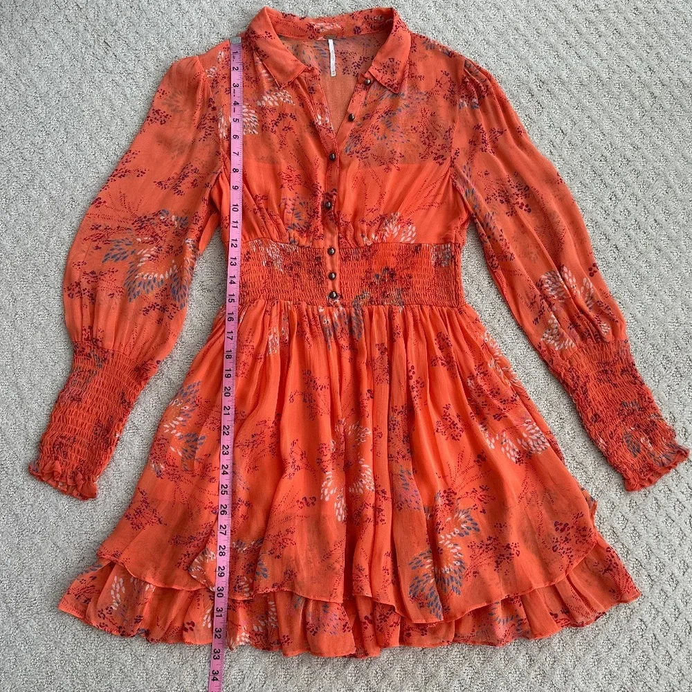 Free People Long Sleeve Smocked Mini Dress Orange XS Boho Festival Romantic